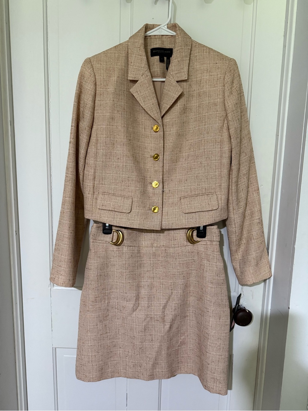 Donna Karan Tan Tweed Two-Piece Skirt Suit with Gold Buttons